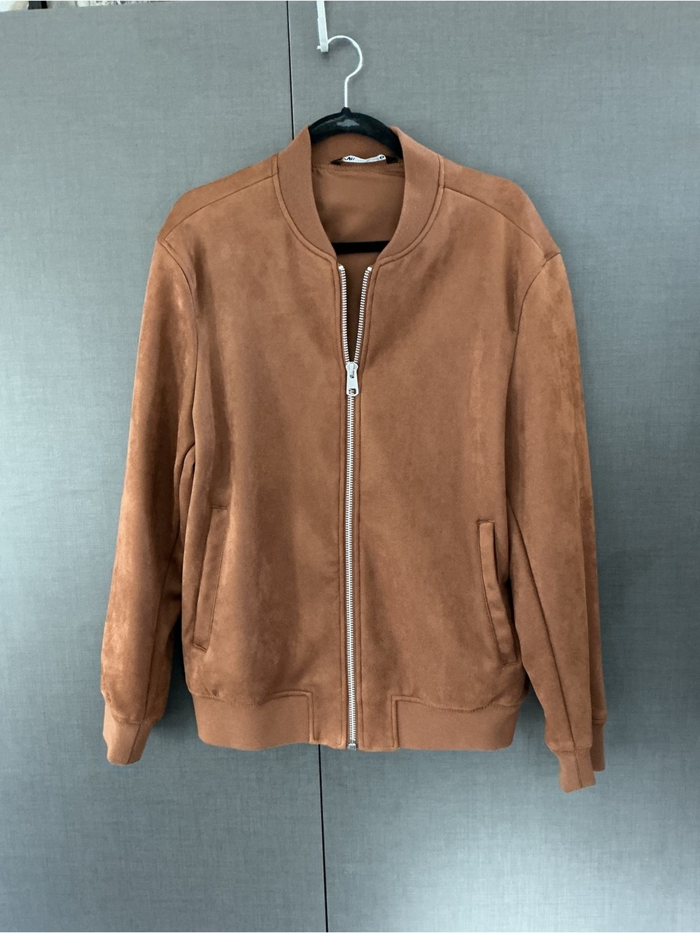 Zara Men's Faux Suede Bomber Jacket in Cognac Brown